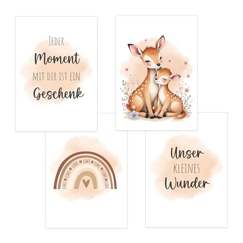4er Set Baby DIN A3 Bilder mit Reh, Regenbogen und Sprüchen, Poster mit Tiermotiv für Babyzimmer, 200g/m² Papier, Kinderzimmer Wanddeko, für Bilderrahmen, Dekoration für Jungen & Mädchen, Sand von Polymedia