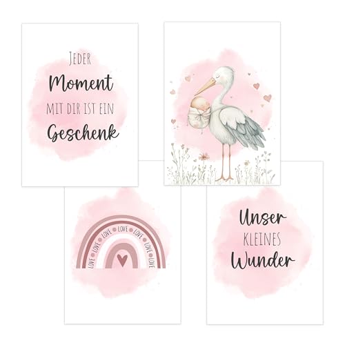 4er Set Baby DIN A3 Bilder mit Storch, Regenbogen und Sprüchen, Poster mit Tiermotiv für Babyzimmer, 200g/m² Papier, Kinderzimmer Wanddeko, für Bilderrahmen, Dekoration für Jungen & Mädchen, Rosa 4er Set Baby DIN A3 Bilder mit Storch, Regenbogen und Sprüchen, Poster mit Tiermotiv für Babyzimmer, 200g/m² Papier, Kinderzimmer Wanddeko, für Bilderrahmen, Dekoration für Jungen & Mädchen, Rosa von Polymedia
