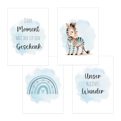 4er Set Baby DIN A3 Bilder mit Zebra, Regenbogen und Sprüchen, Poster mit Tiermotiv für Babyzimmer, 200g/m² Papier, Kinderzimmer Wanddeko, für Bilderrahmen, Dekoration für Jungen & Mädchen, hellblau 4er Set Baby DIN A3 Bilder mit Zebra, Regenbogen und Sprüchen, Poster mit Tiermotiv für Babyzimmer, 200g/m² Papier, Kinderzimmer Wanddeko, für Bilderrahmen, Dekoration für Jungen & Mädchen, hellblau von Polymedia