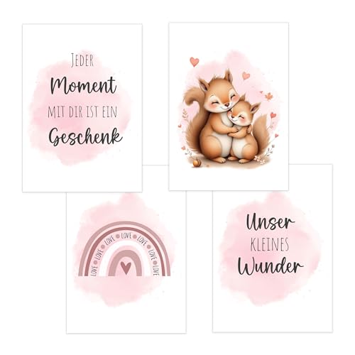 4er Set Baby DIN A4 Bilder Eichhörnchen, Regenbogen und Sprüchen, Poster mit Tiermotiv für Babyzimmer, 200g/m² Papier, Kinderzimmer Wanddeko, Bilderrahmen, Dekoration für Jungen & Mädchen, Rosa von Polymedia