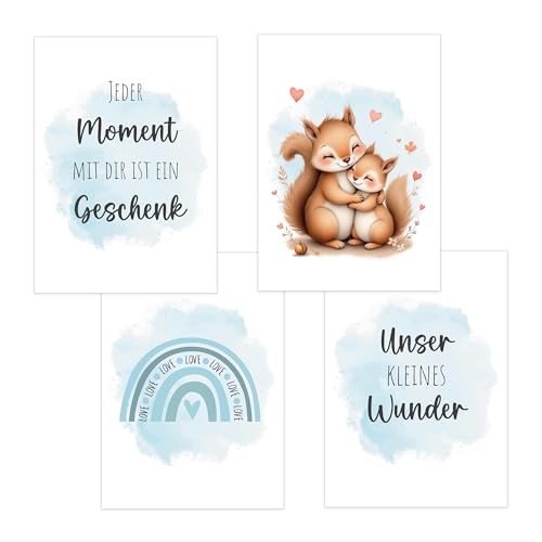 4er Set Baby DIN A4 Bilder Eichhörnchen, Regenbogen und Sprüchen, Poster mit Tiermotiv für Babyzimmer, 200g/m² Papier, Kinderzimmer Wanddeko, Bilderrahmen, Dekoration für Jungen & Mädchen, hellblau 4er Set Baby DIN A4 Bilder Eichhörnchen, Regenbogen und Sprüchen, Poster mit Tiermotiv für Babyzimmer, 200g/m² Papier, Kinderzimmer Wanddeko, Bilderrahmen, Dekoration für Jungen & Mädchen, hellblau von Polymedia