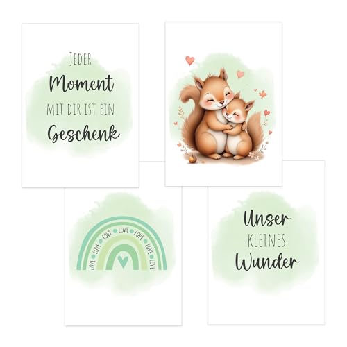 4er Set Baby DIN A4 Bilder Eichhörnchen, Regenbogen und Sprüchen, Poster mit Tiermotiv für Babyzimmer, 200g/m² Papier, Kinderzimmer Wanddeko, Bilderrahmen, Dekoration für Jungen & Mädchen, Grün 4er Set Baby DIN A4 Bilder Eichhörnchen, Regenbogen und Sprüchen, Poster mit Tiermotiv für Babyzimmer, 200g/m² Papier, Kinderzimmer Wanddeko, Bilderrahmen, Dekoration für Jungen & Mädchen, Grün von Polymedia