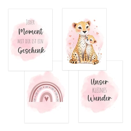 4er Set Baby DIN A4 Bilder mit Gepard, Regenbogen und Sprüchen, Poster mit Tiermotiv für Babyzimmer, 200g/m² Papier, Kinderzimmer Wanddeko, für Bilderrahmen, Dekoration für Jungen & Mädchen, Rosa von Polymedia