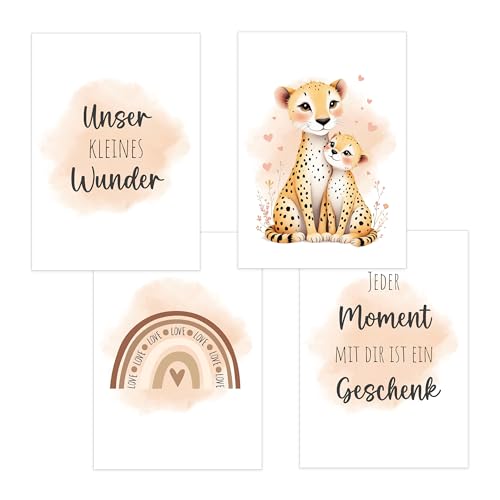 4er Set Baby DIN A4 Bilder mit Gepard, Regenbogen und Sprüchen, Poster mit Tiermotiv für Babyzimmer, 200g/m² Papier, Kinderzimmer Wanddeko, für Bilderrahmen, Dekoration für Jungen & Mädchen, Sand von Polymedia