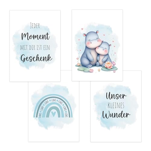 4er Set Baby DIN A4 Bilder mit Hippo, Regenbogen und Sprüchen, Poster mit Tiermotiv für Babyzimmer, 200g/m² Papier, Kinderzimmer Wanddeko, für Bilderrahmen, Dekoration für Jungen & Mädchen, hellblau von Polymedia