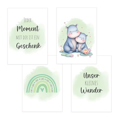 4er Set Baby DIN A4 Bilder mit Hippo, Regenbogen und Sprüchen, Poster mit Tiermotiv für Babyzimmer, 200g/m² Papier, Kinderzimmer Wanddeko, für Bilderrahmen, Dekoration für Jungen & Mädchen, Grün von Polymedia