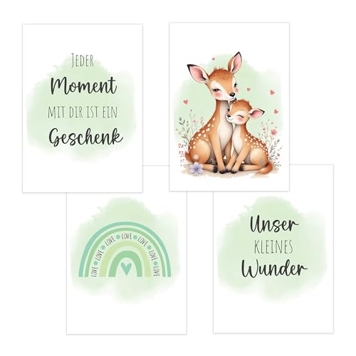 4er Set Baby DIN A4 Bilder mit Reh, Regenbogen und Sprüchen, Poster mit Tiermotiv für Babyzimmer, 200g/m² Papier, Kinderzimmer Wanddeko, für Bilderrahmen, Dekoration für Jungen & Mädchen, Grün von Polymedia