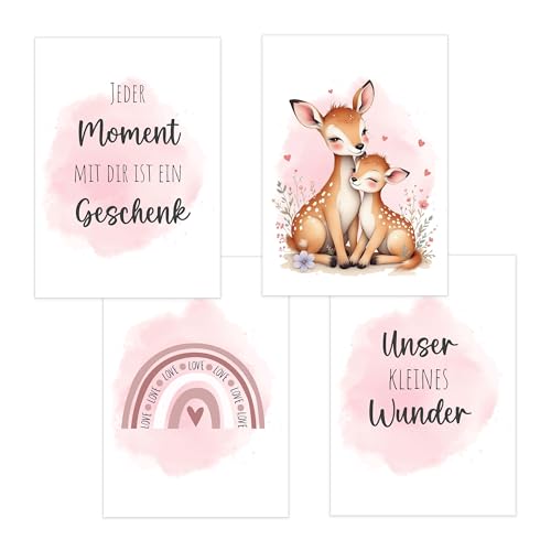 4er Set Baby DIN A4 Bilder mit Reh, Regenbogen und Sprüchen, Poster mit Tiermotiv für Babyzimmer, 200g/m² Papier, Kinderzimmer Wanddeko, für Bilderrahmen, Dekoration für Jungen & Mädchen, Rosa von Polymedia