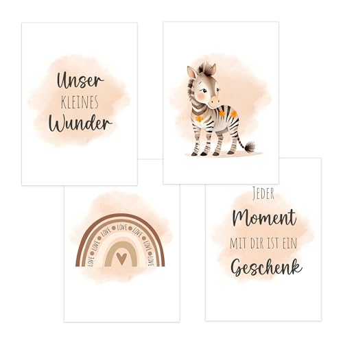 4er Set Baby DIN A4 Bilder mit Zebra, Regenbogen und Sprüchen, Poster mit Tiermotiv für Babyzimmer, 200g/m² Papier, Kinderzimmer Wanddeko, für Bilderrahmen, Dekoration für Jungen & Mädchen, Sand von Polymedia