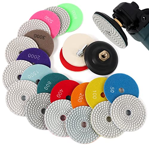 14PCS Diamant nass Polierscheiben mit M14 Gummi-Stützteller Wollfilz,100mm Marmor Polierset Schleifpads für Granit Beton Fliesen Stein Schleifen,50-8000 Schleifscheibe für winkelschleifer, Bohrer von Pomsare