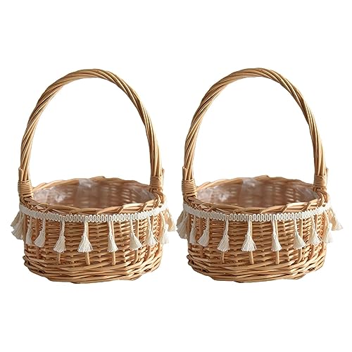 2 Blumenmädchen-Korb Hochzeit, Rattan Blumenkorb mit Henkel, Gewebter Aufbewahrungskorb mit Schleife Band, Rattankorb für Blumenarrangements, Geflochtener Blumenkorb für Zuhause Garten Dekoration von Pomurom