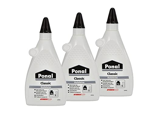 Ponal Classic, gebrauchsfertiger Holzleim mit hoher Verleimungsfestigkeit, Holzkleber für Montage-, Flächen- & Fugenverleimungen, transparenter Bastelleim, 3x225g von Ponal
