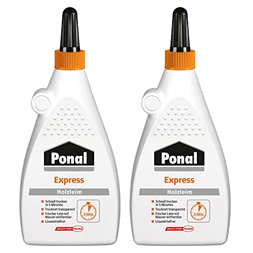 Ponal Express Holzleim, transparent und schnell trocknender Holzkleber für vielseitige Verleimungs- & Bastelarbeiten, wasserfester Leim in praktischer Flasche, Vorteilspack mit 2 x 550g, 9H PN10XX von Ponal