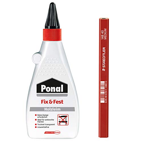 Ponal Fix & Fest Holzleim, sofort haftender Holzkleber zur Innenanwendung, transparent, ideal für senkrechte Flächen, Spar-Set mit 500 g Holzleim und hochwertigem Zimmermanns-Bleistift, 9HP500FP1X von Ponal