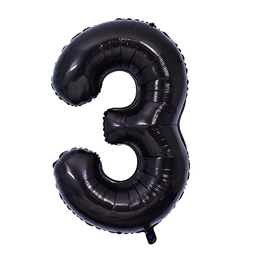 Ponmoo 100cm Zahlen Luftballon 3 Schwarz 42-Zoll, Riesige Folienballon Zahl Geburtstagsdeko, Deko Geburtstag Folienluftballons Birthday Helium Zahlenballon Luftballon 3. Geburtstag von Ponmoo