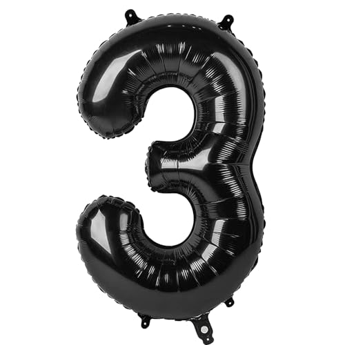 Ponmoo 40 Zoll Foil Luftballon Zahl 3 Schwarz (101cm), Aufblasbares Helium oder Luft, Riesige Folienballons Nummer 0-9, Große Ballons für Hochzeitstag und Geburtstagsparty Ballon Dekoration von Ponmoo