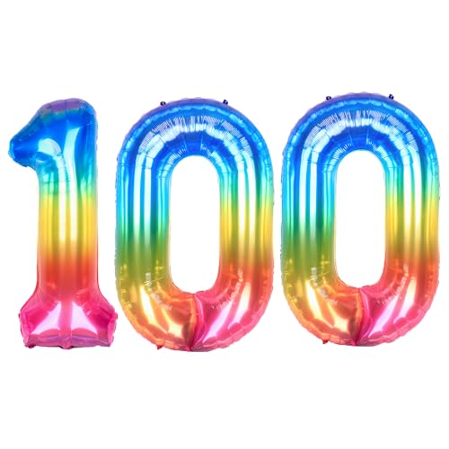 Ponmoo 40 Zoll Foil Luftballon Zahlen 100 Neon Regenbogen (101cm), Helium oder Luft, Riesige Folienballons Nummer 0-100, Große Ballons für Hochzeitstag und Geburtstagsparty Ballon Dekoration von Ponmoo