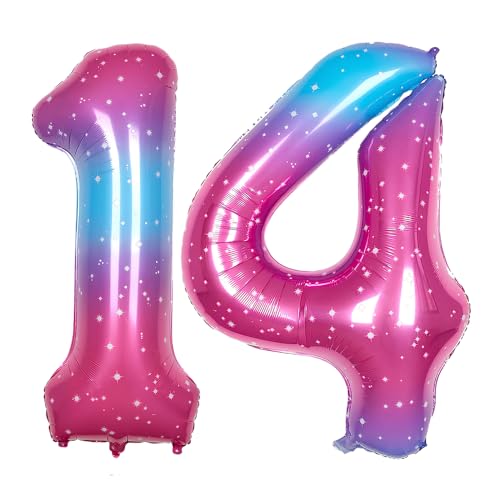 Ponmoo 40 Zoll Foil Luftballon Zahlen 14/41 Rosa-Blau (101cm), Aufblasbares Helium oder Luft, Riesige Folienballons Nummer 0-100, Große Ballones für Hochzeitstag und Geburtstag Party Dekoration von Ponmoo