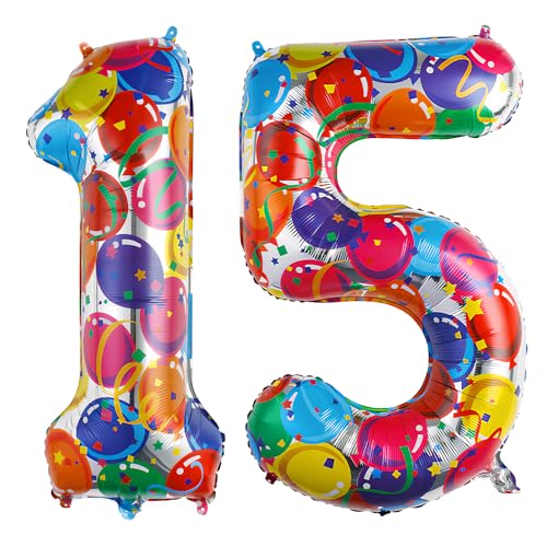 Ponmoo 40 Zoll Foil Luftballon Zahlen 15/51 Mehrfarbig (101cm), Aufblasbares Helium oder Luft, Riesige Folienballons Nummer 0-100, Große Ballones für Hochzeitstag und Geburtstag Party Dekoration von Ponmoo