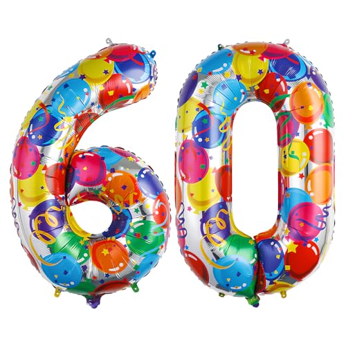 Ponmoo 40 Zoll Foil Luftballon Zahlen 60 Mehrfarbig (101cm), Aufblasbares Helium oder Luft, Riesige Folienballons Nummer 0-100, Große Ballones für Hochzeitstag und Geburtstag Party Dekoration von Ponmoo