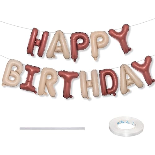 Ponmoo Folie Luftballons Happy Birthday Banner Kit - Karamell Schokoladenfarbe, Happy Birthday Ballons Party Dekorationen, Geburtstagsparty Folienballons Gute zum Geburtstag für Erwachsene Kinder von Ponmoo