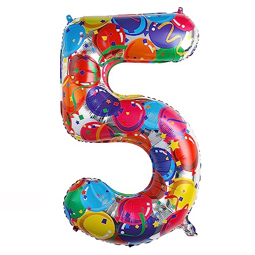 Ponmoo 40 Zoll Foil Luftballon Zahl 5 Mehrfarbig (101cm), Aufblasbares Helium oder Luft, Riesige Folienballons Nummer 0-100, Große Ballones für Hochzeitstag und Geburtstag Party Dekoration von Ponmoo