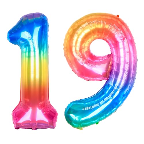 Ponmoo 40 Zoll Foil Luftballon Zahlen 19/91 Neon Regenbogen (101cm), Helium oder Luft, Riesige Folienballons Nummer 0-100, Große Ballons für Hochzeitstag und Geburtstagsparty Ballon Dekoration von Ponmoo