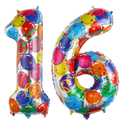 Ponmoo 40 Zoll Foil Luftballon Zahlen 16/61 Mehrfarbig (101cm), Aufblasbares Helium oder Luft, Riesige Folienballons Nummer 0-100, Große Ballones für Hochzeitstag und Geburtstag Party Dekoration von Ponmoo
