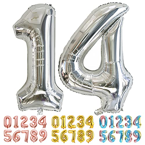 Ponmoo Luftballons Zahlen 14/41 Silber, Riesen Nummer 0 1 2 3 4 5 6 7 8 9 10-19 20-29 30-39 40 50 60 70 80 90 100, groß Folienballons für Hochzeit Jubiläum, Geburtstagsballons Party Dekoration von Ponmoo
