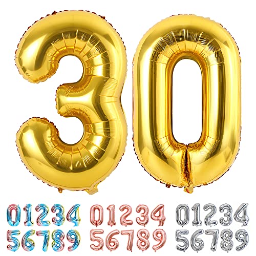 Ponmoo Luftballons Zahlen 30 Gold, Riesen Nummer 0 1 2 3 4 5 6 7 8 9 10-19 20-29 30-39 40 50 60 70 80 90 100, groß Folienballons für Hochzeit Jubiläum, Geburtstagsballons Party Dekoration von Ponmoo