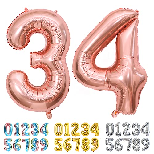 Ponmoo Luftballons Zahlen 34/43 Rosegold, Riesen Nummer 0 1 2 3 4 5 6 7 8 9 10-19 20-29 30-39 40 50 60 70 80 90 100, groß Folienballons für Hochzeit Jubiläum, Geburtstagsballons Party Dekoration von Ponmoo
