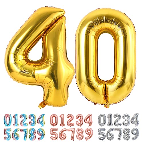 Ponmoo Luftballons Zahlen 40 Gold, Riesen Nummer 0 1 2 3 4 5 6 7 8 9 10-19 20-29 30-39 40 50 60 70 80 90 100, groß Folienballons für Hochzeit Jubiläum, Geburtstagsballons Party Dekoration von Ponmoo