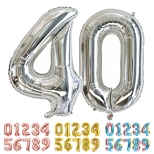 Ponmoo Luftballons Zahlen 40 Silber, Riesen Nummer 0 1 2 3 4 5 6 7 8 9 10-19 20-29 30-39 40 50 60 70 80 90 100, groß Folienballons für Hochzeit Jubiläum, Geburtstagsballons Party Dekoration von Ponmoo