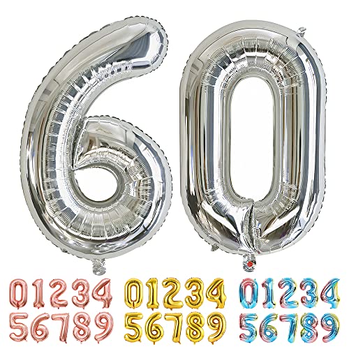 Ponmoo Luftballons Zahlen 60 Silber, Riesen Nummer 0 1 2 3 4 5 6 7 8 9 10-19 20-29 30-39 40 50 60 70 80 90 100, groß Folienballons für Hochzeit Jubiläum, Geburtstagsballons Party Dekoration von Ponmoo