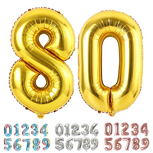 Ponmoo Luftballons Zahlen 80 Gold, Riesen Nummer 0 1 2 3 4 5 6 7 8 9 10-19 20-29 30-39 40 50 60 70 80 90 100, groß Folienballons für Hochzeit Jubiläum, Geburtstagsballons Party Dekoration von Ponmoo
