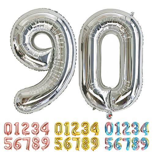 Ponmoo Luftballons Zahlen 90 Silber, Riesen Nummer 0 1 2 3 4 5 6 7 8 9 10-19 20-29 30-39 40 50 60 70 80 90 100, groß Folienballons für Hochzeit Jubiläum, Geburtstagsballons Party Dekoration von Ponmoo