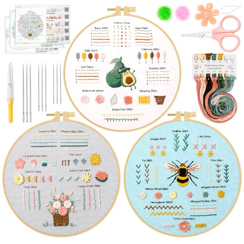 Ponpon 3 Sets Stickset für Anfänger, Stickset für Erwachsene mit Anleitung (evtl. nicht in deutscher Sprache), Kreuzstich-Sets mit Stickrahmen aus Holz (Stlye D) von Ponpon