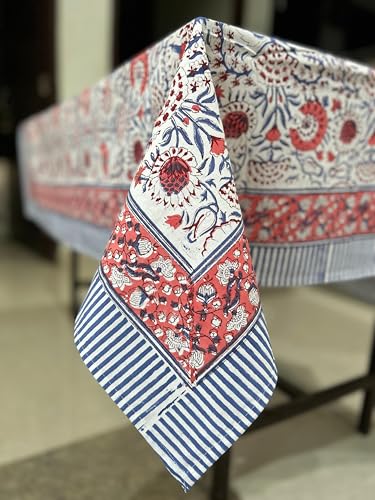 Taubenblau und Flamingo-Pink handbedruckte Baumwoll-Tischdecke, Esstischdecke, Bauernhaus, Party, Hochzeit, Zuhause, Einweihung, Babyparty von Poo Cotton Prints