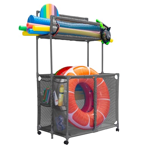 Pool Bins Pool-Aufbewahrungs-Organizer-Halter – Nudeln, Spielzeug, Bälle und Schwimmer, Netzstoff, rollender Doppeldecker-Behälter, groß mit Nudelregal, 58,4 cm L x 89,7 cm B x 150,9 cm H, Grau von Pool Bins