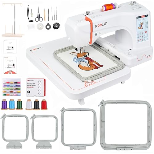 POOLIN EOC06 Stickmaschine 20 x 28 cm Stickfläche, Computergesteuerter 18 cm LCD-Touchscreen, Kann Buchstabenstickerei und Kombinationsstickerei Durchführen, Inklusive Faden, Stabilisator, Spule, USB von Poolin