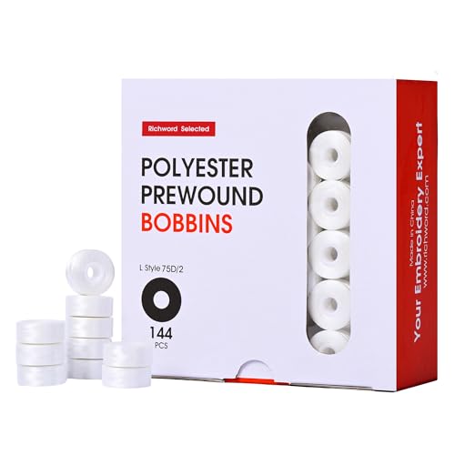 Richword Selected vorgewickelte Spulen, weiß, seitenlos, 144 Stück, Größe L (SA155), 75D/2 (60 WT) Polyester-Spulengarn für kommerzielle Multi-Nadel-Stickmaschine, 127 m von Poolin