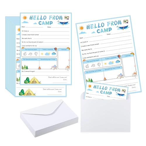 15 flache Camp-Karten Sleepaway Notizblock-Set, 12,7 x 20,3 cm, Camp-Themenkarten und Umschläge für Camping, Party, Gastgeschenk, Jungen und Mädchen, zum Ausfüllen des leeren Camps, Blau von Pop Resin