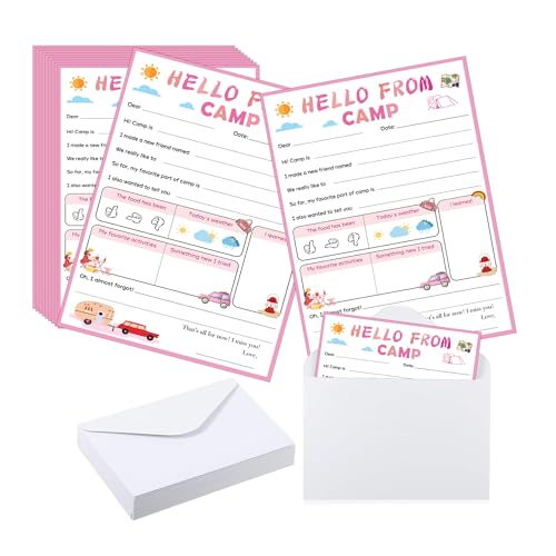 15 flache Camp-Karten Sleepaway Notizblock-Set – 12,7 x 20,3 cm Camp-Themenkarten und Umschläge für Camping, Party, Gastgeschenk, Jungen und Mädchen, zum Ausfüllen des leeren Camp-Schreibwaren, Rosa von Pop Resin