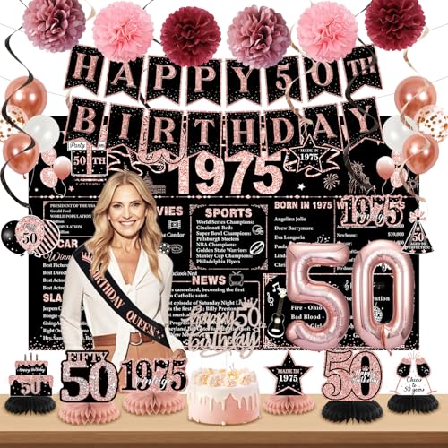 50 Geburtstag Dekorationen für Frauen, Rose Gold Back In 1975 Birthday Banner Dekorationen, Happy 50th Birthday Cake Topper Luftballons Hintergrund Schärpe Party Supplies für Frauen 50 Geburtstag Dekorationen für Frauen, Rose Gold Back In 1975 Birthday Banner Dekorationen, Happy 50th Birthday Cake Topper Luftballons Hintergrund Schärpe Party Supplies für Frauen von PopularLdo