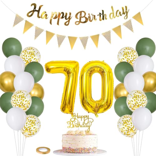 Dekoration zum 70. Geburtstag für Frauen und Männer, „Happy Birthday“-Banner, Tortenaufsatz, Folienballon mit der Zahl 70, Salbeigrün-Weißgold-Konfettiballons als Dekoration zum 70. Geburtstag70 von PopularLdo