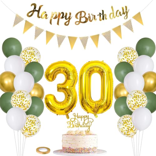 Dekoration zum 30. Geburtstag für Frauen und Männer, „Happy Birthday“-Banner, Tortenaufsatz, Folienballon mit der Zahl 30, Salbeigrün-Weißgold-Konfettiballons als Dekoration zum 30. Geburtstag Dekoration zum 30. Geburtstag für Frauen und Männer, „Happy Birthday“-Banner, Tortenaufsatz, Folienballon mit der Zahl 30, Salbeigrün-Weißgold-Konfettiballons als Dekoration zum 30. Geburtstag von PopularLdo