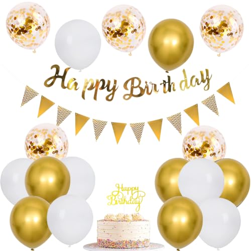 Weißgoldene Party-Dekorationen für Geburtstage, „Happy Birthday“-Banner, goldene Dreiecksflagge, Kuchenflagge, weißgoldene Konfetti-Luftballons für Männer und Frauen, goldweiße Geburtstagsdekorationen Weißgoldene Party-Dekorationen für Geburtstage, „Happy Birthday“-Banner, goldene Dreiecksflagge, Kuchenflagge, weißgoldene Konfetti-Luftballons für Männer und Frauen, goldweiße Geburtstagsdekorationen von PopularLdo
