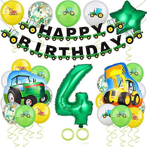 Kindergeburtstag Deko, Geburtstagsdeko Jungen 4 Jahre, Kinder Geburtstag Party Dekoration Set Mit Traktor Luftballon,Bagger Luftballon,Happy Birthday Banner von Popuppe