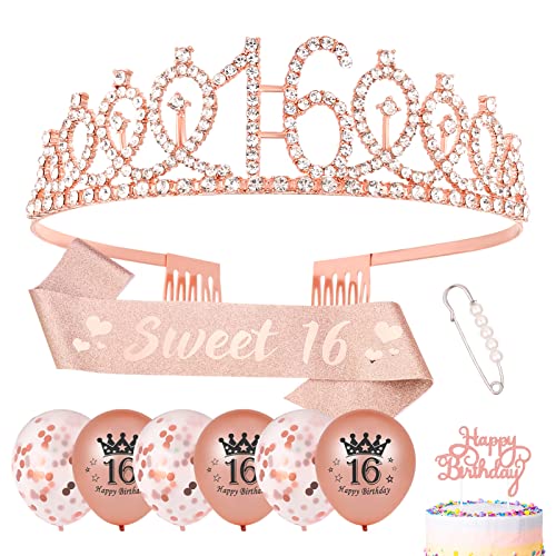 Popuppe 16. Geburtstagskrone und Geburtstag Schärpe,Sweet 16 Schärpe Tiara Krone, Cupcake Topper Konfetti Luftballons für 16. Geburtstag Geschenke Mädchen Deko von Popuppe