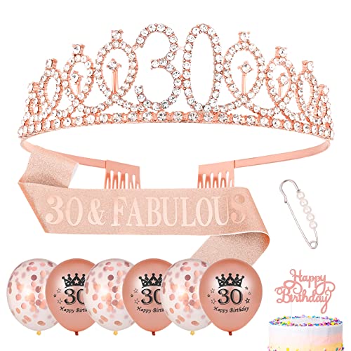 Popuppe 30. Geburtstag Schärpe und Geburtstagskrone,Rose Gold Schärpe Tiara Krone,Cupcake Topper Konfetti Luftballons Zum 30. Geburtstag Geschenke Frauen Deko von Popuppe